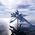 Blue Geometric Polygonal Sculpture on Calm Water Surface with Reflection Under Sunlight and Blue Sky White Clouds
