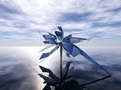 Blue Geometric Polygonal Sculpture on Calm Water Surface with Reflection Under Sunlight and Blue Sky White Clouds 3d model