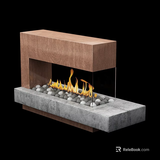 Modern Fireplace with Wooden Top Concrete Base Glass Panel Flames and Pebbles 3d model 