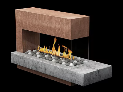 Modern Fireplace with Wooden Top Concrete Base Glass Panel Flames and Pebbles 3d model