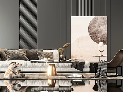 Modern Sofa and Coffee Table Set with Gray Pillows Floor Lamp and Abstract Wall Art 3d model