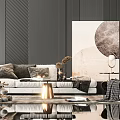 Modern Sofa and Coffee Table Set with Gray Pillows Floor Lamp and Abstract Wall Art