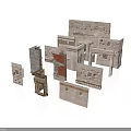 Various Architectural Building Models With Brick Structures And Window Designs