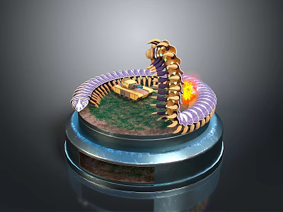 Creative Modern Art Installation With Circular Base Spiral Structure Flame Green Platform And Small Building 3d model