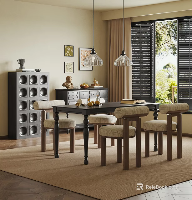 Dining Room Interior With Black Table Beige Cushioned Chairs Pendant Lights Wall Art Window Blinds 3d model 