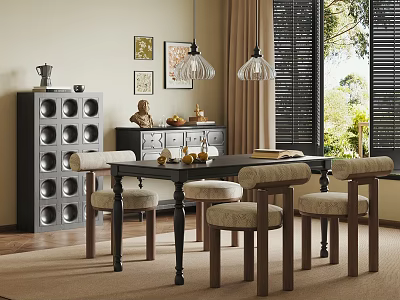 Dining Room Interior With Black Table Beige Cushioned Chairs Pendant Lights Wall Art Window Blinds 3d model