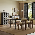 Dining Room Interior With Black Table Beige Cushioned Chairs Pendant Lights Wall Art Window Blinds