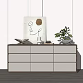 Modern Minimalist White Entryway Console Cabinet With Decorative Painting Green Plant Books And Vase