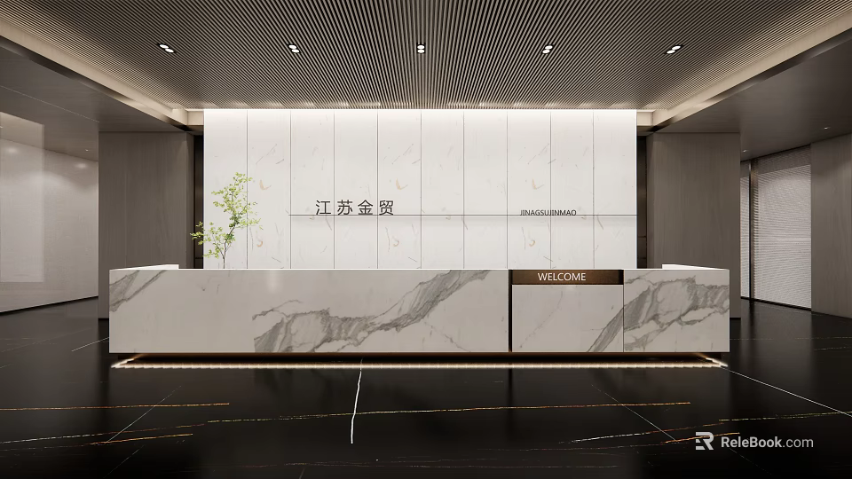 Modern Reception Desk With Marble Countertop Welcome Sign Small Green Plant And White Panel Wall 3d model 