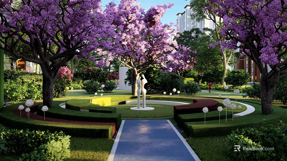 Residential Landscape With Purple Flowering Trees Well Trimmed Lawn And Blue Pathway 3d model 