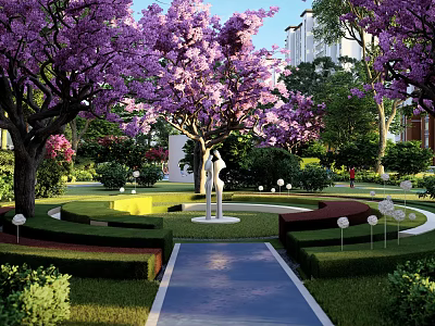 Residential Landscape With Purple Flowering Trees Well Trimmed Lawn And Blue Pathway 3d model