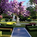Residential Landscape With Purple Flowering Trees Well Trimmed Lawn And Blue Pathway