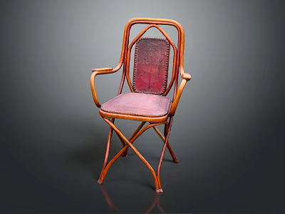 Vintage Rattan Leisure Chair With Wooden Frame Red Cushioned Seat And Armrests 3d model