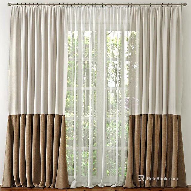 Elegant Beige And Brown Curtains With Sheer White Lining For Window Garden View 3d model 