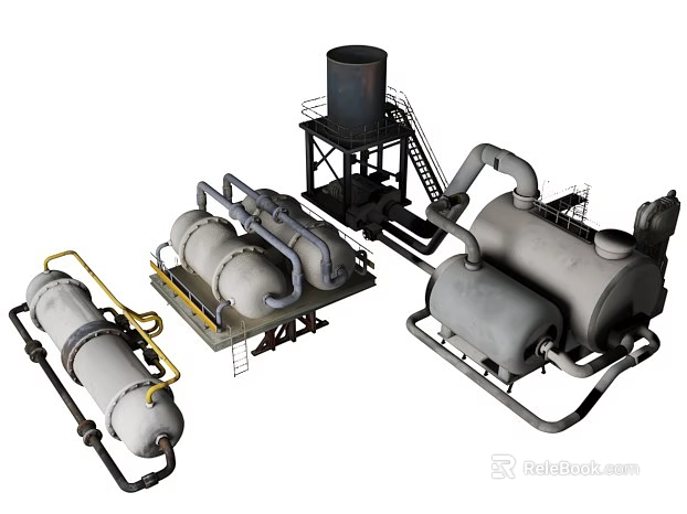Industrial Equipment Setup With Storage Tanks Pipes Water Tower And Structural Frames 3d model 