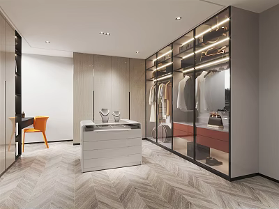 Modern Walk in Closet Interior With Glass Door Cabinets Drawer Storage And LED Lighting 3d model