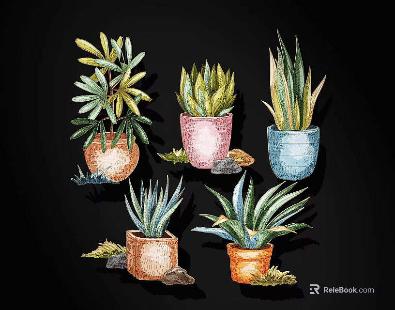 Different Types Of Succulent Plants In Colorful Pots With Stones And Grass 3d model 
