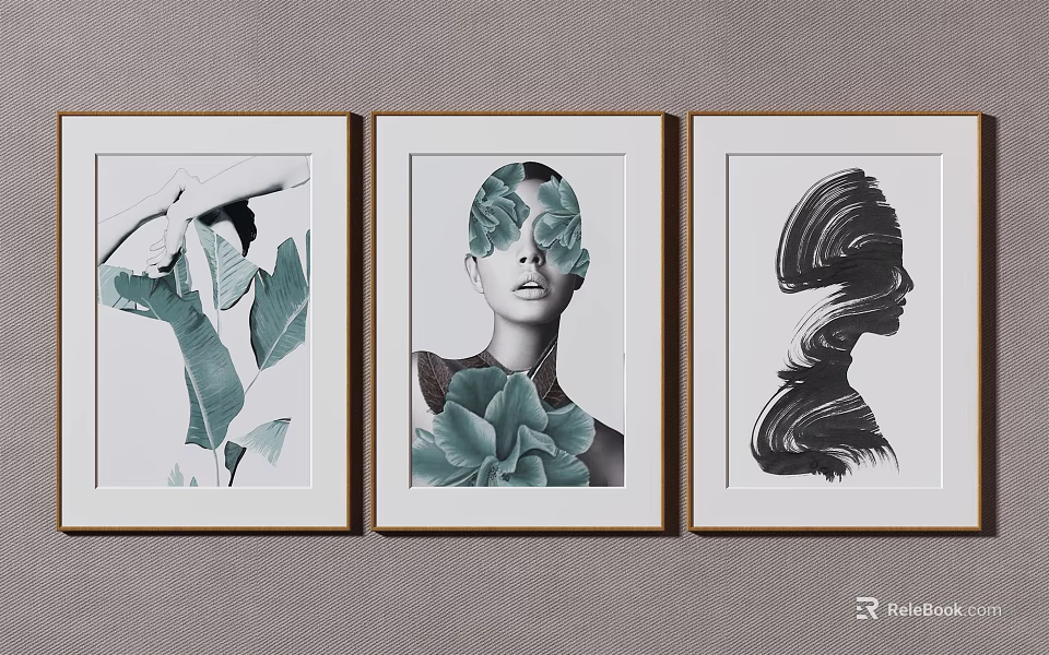 Modern Framed Wall Art Collection With Green Leaf And Abstract Profile Design 3d model