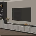 Modern White Black TV Stand with Cabinet Doors Decorative Vase Fruits and Wine Glasses