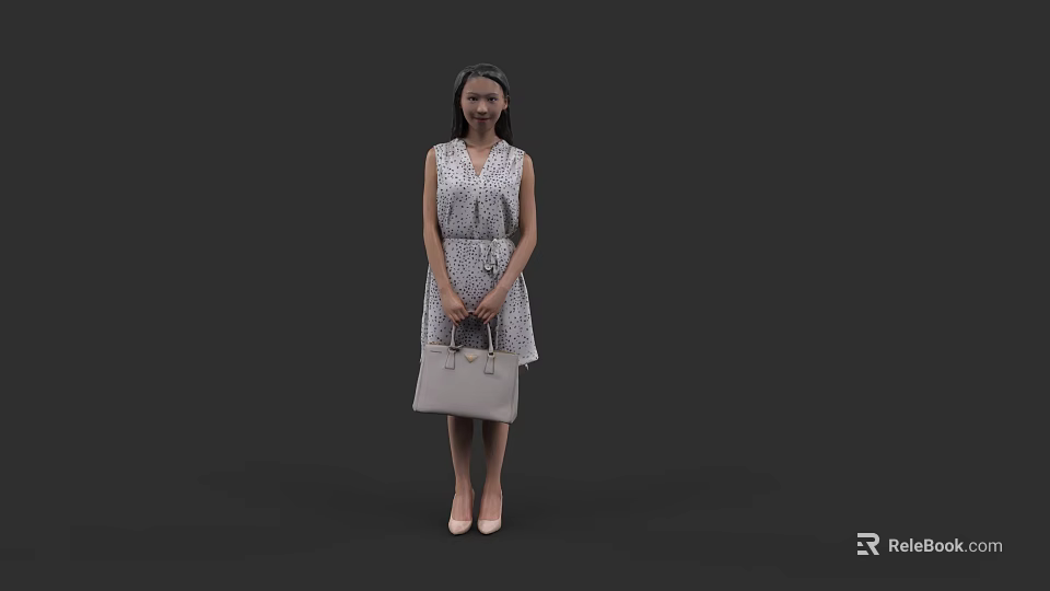 Stylish Woman In Patterned Sleeveless Dress Holding Beige Handbag Standing Against Black Background 3d model 