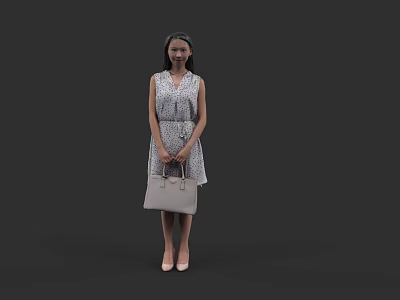 Stylish Woman In Patterned Sleeveless Dress Holding Beige Handbag Standing Against Black Background 3d model
