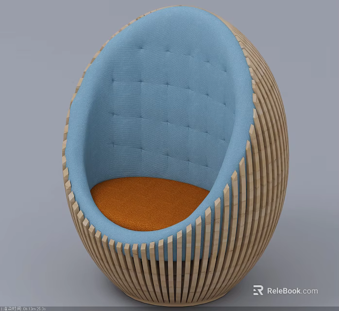 Egg Shaped Accent Chair With Wooden Striped Frame Blue Padded Back And Orange Seat Cushion 3d model 