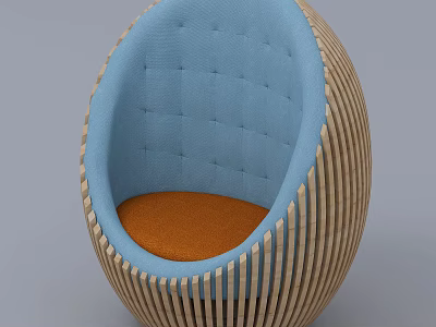 Egg Shaped Accent Chair With Wooden Striped Frame Blue Padded Back And Orange Seat Cushion 3d model