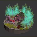 Scenic Rural Landscape With Wooden Cabin Red Car And Pine Trees