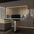 Elegant Modern Kitchen Interior With Gray Gold Cabinets And Island Counter Design