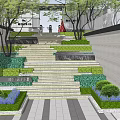 Outdoor Stone Stairs With Yellow LED Strip Lights And Lush Green Bushes