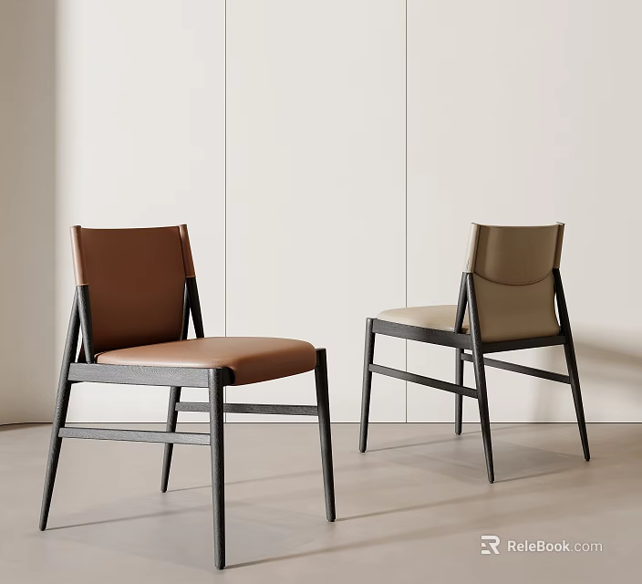 Modern Minimalist Dining Chairs With Brown Beige Leather Seats And Black Frame 3d model 
