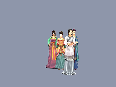 Four Female Game Film Characters In Colorful Ancient Costumes With Elaborate Hairstyles 3d model