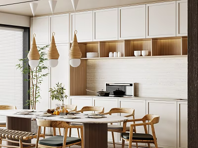 Modern Dining Table Set with Wooden Chairs Pendant Lights Plants and White Cabinets 3d model