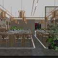 Traditional Chinese Restaurant Interior With Bamboo Partitions Lantern Lights Wooden Tables And Green Plants