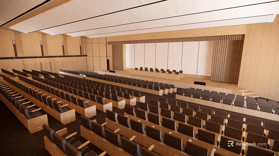 Spacious Conference Room With Wooden Walls Modern Ceiling And Rows Of Seats 3d model 