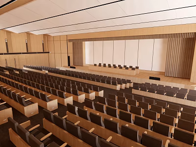 Spacious Conference Room With Wooden Walls Modern Ceiling And Rows Of Seats 3d model