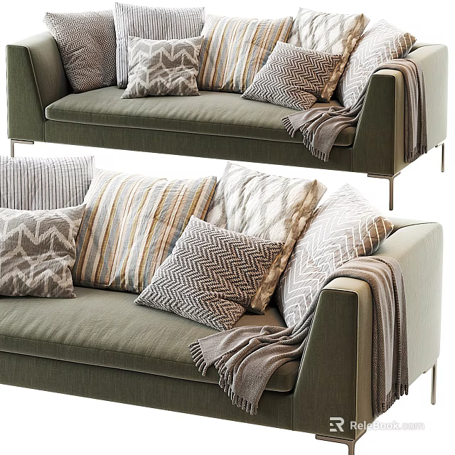 Green Sectional Sofa with Various Patterned Pillows and Cozy Throw Blanket 3d model 
