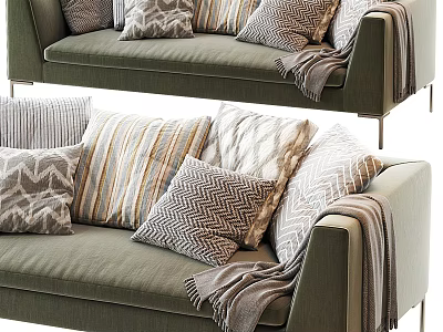 Green Sectional Sofa with Various Patterned Pillows and Cozy Throw Blanket 3d model