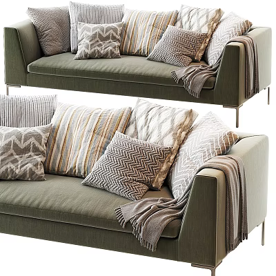 Green Sectional Sofa with Various Patterned Pillows and Cozy Throw Blanket 3d model