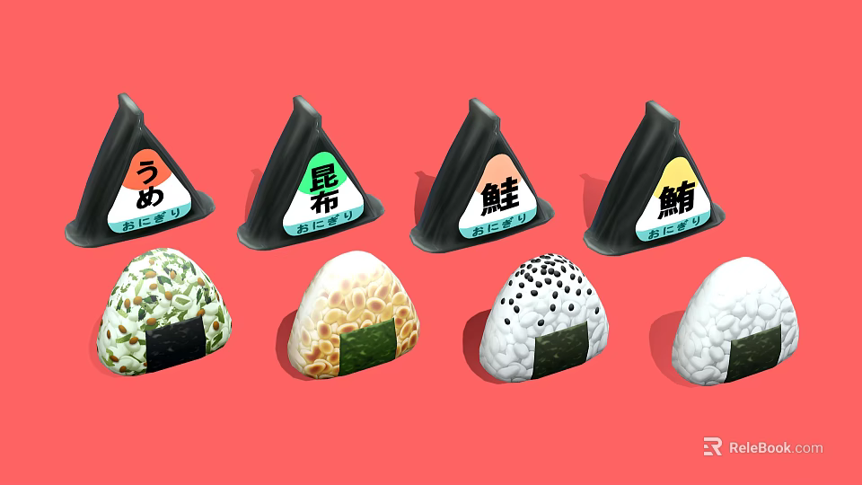 Assorted Traditional Japanese Triangular Rice Balls With Nori And Flavor Labels 3d model 