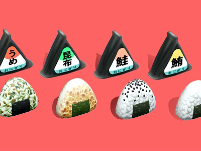 Assorted Traditional Japanese Triangular Rice Balls With Nori And Flavor Labels 3d model