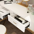 White Dressing Table with Gold Legs Round Mirror Gold Chair and Cosmetics Plant