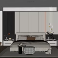 Modern Elegant Bedroom Interior With Bedhead LED Lights Accent Chair Area Rug And Open Wardrobe