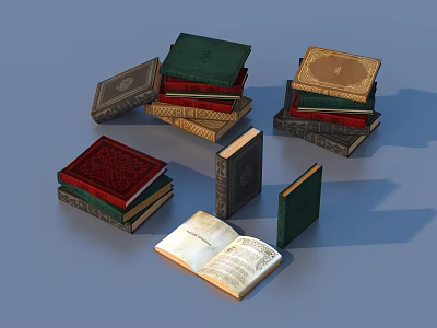 Colorful Vintage Books With Green Red Gold Covers Stacked And Open Pages 3d model