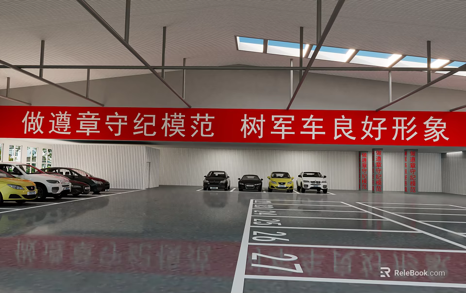 Indoor Parking Lot with Military Vehicles as Discipline Model and Good Image Clear Parking Lines 3d model 