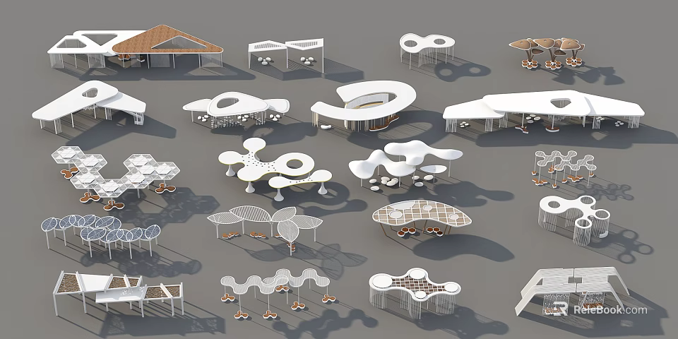 Modern Garden Landscape Design Featuring White Pavilions Seats Pergolas Geometric And Curved Structures 3d model 
