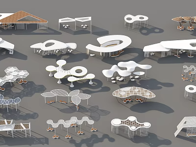 Modern Garden Landscape Design Featuring White Pavilions Seats Pergolas Geometric And Curved Structures 3d model