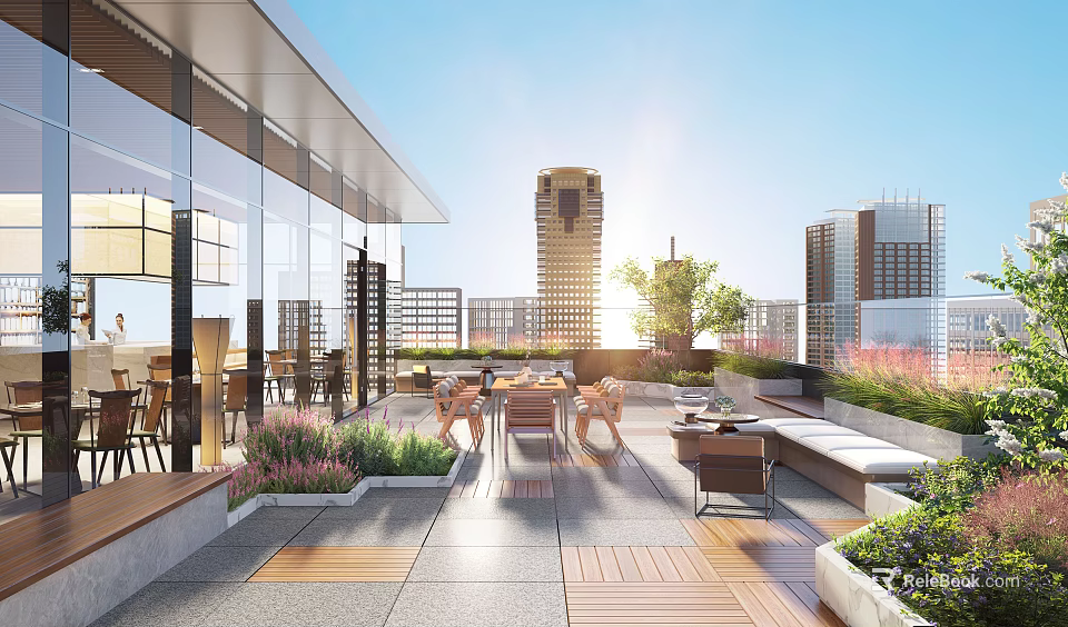 Sunny Urban Roof Garden With Outdoor Seating Lush Greenery And City Skyline 3d model 