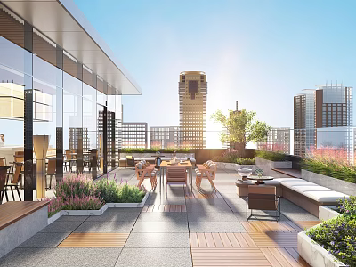 Sunny Urban Roof Garden With Outdoor Seating Lush Greenery And City Skyline 3d model