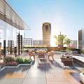 Sunny Urban Roof Garden With Outdoor Seating Lush Greenery And City Skyline